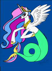Size: 1700x2338 | Tagged: safe, alternate version, artist:fizzyrox, princess celestia, seapony (g4), g4, capricorn, colored, crown, female, hoof shoes, jewelry, peytral, regalia, sealestia, seaponified, seapony celestia, signature, solo, species swap