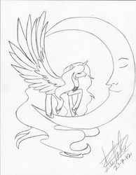 Size: 1700x2191 | Tagged: safe, artist:fizzyrox, princess luna, alicorn, pony, g4, female, hoof shoes, impossibly large wings, large wings, lineart, mare, monochrome, peytral, signature, solo, tangible heavenly object, traditional art, transparent moon, wings