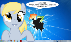 Size: 1700x1000 | Tagged: safe, artist:fizzyrox, artist:obtuselolcat, edit, pegasus, pony, bust, female, fourth wall, mare, microsoft windows, solo, spanish, speech, talking to viewer, translated in the description, windows 7