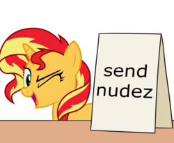 Size: 1100x900 | Tagged: safe, artist:mkogwheel edits, artist:nano23823, edit, sunset shimmer, pony, unicorn, equestria girls, g4, applejack's sign, female, mare, one eye closed, send nudes, sign, simple background, solo, text, transparent background, vector, we don't normally wear clothes, wink