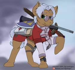 Size: 1280x1200 | Tagged: safe, artist:thedigodragon, oc, oc only, oc:doc wagon, pony, clothes, first aid kit, glasses, gun, male, patreon, patreon logo, raised hoof, shield, smiling, solo, sword, weapon