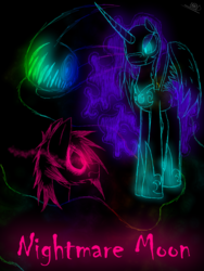 Size: 1200x1600 | Tagged: safe, artist:didun850, nightmare moon, oc, oc:chase, alicorn, earth pony, pony, shadow pony, comic:ask chase the pony, g4, comic, cover art, female, glowing eyes, hoof shoes, lineart, male, mare, sombra eyes, stallion