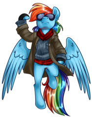 Size: 3000x4000 | Tagged: safe, artist:annakitsun3, rainbow dash, pegasus, pony, g4, clothes, coat, digital art, female, fingerless gloves, gloves, goggles, mare, simple background, solo, spread wings, sunglasses, the breakfast club, transparent background, wings