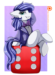 Size: 2550x3509 | Tagged: safe, artist:pridark, oc, oc only, oc:crowne prince, earth pony, pony, arm behind head, bowtie, clothes, crossed hooves, crossed legs, cuphead, digital art, female, grin, high res, king dice, mare, patreon, patreon logo, patreon reward, sitting, smiling, solo, suit