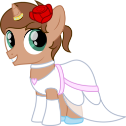 Size: 2495x2504 | Tagged: safe, artist:peternators, oc, oc only, oc:heroic armour, pony, unicorn, alternate hairstyle, clothes, colt, crossdressing, dress, flower, flower in hair, high res, horn, horn ring, male, requested art, ring, solo, wedding dress