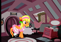 Size: 2597x1817 | Tagged: safe, artist:avchonline, oc, oc only, oc:sean, pegasus, pony, alice in wonderland, blushing, clothes, colt, crossdressing, crossover, disney, dress, femboy, flower, flower in hair, male, pegasus oc, puffy sleeves, shoes, sissy, solo, wings