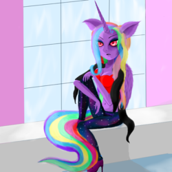 Size: 800x800 | Tagged: safe, artist:auroraswirls, oc, oc only, oc:aurora swirls, alicorn, anthro, alicorn oc, clothes, female, high heels, horn, jacket, multicolored hair, pants, rainbow hair, shoes, sitting, solo