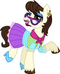 Size: 680x838 | Tagged: safe, artist:starryoak, gizmo, earth pony, pony, g4, clothes, crossdressing, ear piercing, earring, eyeshadow, facial hair, glasses, high heels, jewelry, lipstick, looking at you, makeup, male, moustache, older, one eye closed, piercing, raised hoof, shirt, shoes, simple background, skirt, solo, stallion, transparent background, unshorn fetlocks, wink