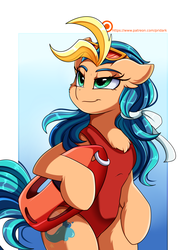 Size: 2550x3509 | Tagged: safe, artist:pridark, oc, oc only, oc:playa "spikeball" azul, earth pony, pony, bipedal, bust, chest fluff, clothes, commission, digital art, female, high res, hind legs, legs together, lifeguard, mare, one-piece swimsuit, patreon, patreon logo, patreon reward, portrait, ribbon, simple background, solo, sunglasses, swimsuit