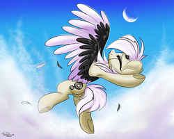 Size: 2000x1600 | Tagged: safe, artist:mysha, oc, oc only, pegasus, pony, armpits, cloud, colored wings, dancing, eyes closed, feather, female, flying, mare, moon, multicolored wings, solo, underhoof, wings