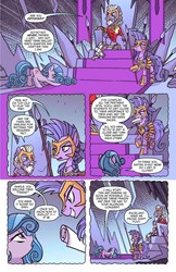 Size: 993x1528 | Tagged: safe, artist:tonyfleecs, edit, idw, king diomedes, swift foot, terri belle, earth pony, pony, thracian, g4, spoiler:comic, spoiler:comicfeatsoffriendship03, armor, beard, braid, braided tail, comic, facial hair, female, guardsmare, male, mare, preview, royal guard, spear, speech bubble, stallion, throne, weapon