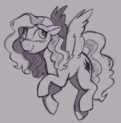Size: 566x573 | Tagged: safe, artist:crimmharmony, oc, oc only, oc:crimm harmony, pegasus, pony, blushing, cute, female, flying, gray background, grayscale, looking up, mare, monochrome, ponysona, simple background, sketch, solo, spread wings, wings