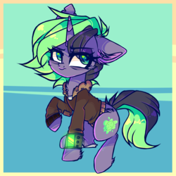 Size: 2200x2200 | Tagged: safe, artist:_spacemonkeyz_, oc, oc only, oc:plasma burst, pony, unicorn, fallout equestria, bomber jacket, chest fluff, clothes, fallout, female, grumpy, high res, jacket, mare, pipboy, pipbuck, simple background, solo