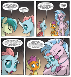 Size: 737x804 | Tagged: safe, artist:tonyfleecs, idw, ocellus, sandbar, silverstream, smolder, changedling, changeling, classical hippogriff, dragon, earth pony, hippogriff, pony, g4, spoiler:comic, spoiler:comicfeatsoffriendship03, cute, dialogue, diaocelles, diastreamies, exclamation point, eyes closed, hug, interrobang, open mouth, question mark, sad, smiling, speech bubble, teenaged dragon, teenager