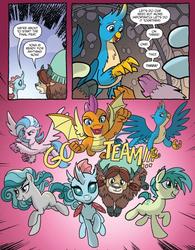 Size: 765x982 | Tagged: safe, artist:tonyfleecs, idw, gallus, ocellus, sandbar, silverstream, smolder, swift foot, yona, changedling, changeling, classical hippogriff, dragon, earth pony, griffon, hippogriff, pony, thracian, yak, g4, spoiler:comic, spoiler:comicfeatsoffriendship03, cute, dialogue, diaocelles, flying, open mouth, smiling, speech bubble, student six, teenaged dragon, teenager