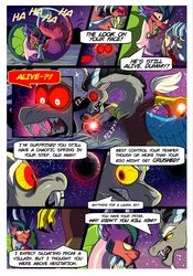 Size: 1024x1463 | Tagged: safe, artist:loryska, idw, cosmos, discord, oc, oc:larkspur, hybrid, comic:moon landing, g4, spoiler:comic, angry, baby draconequus, dialogue, exclamation point, furious, glowing eyes, hate magic, interrobang, interspecies offspring, offspring, parent:discord, parent:fluttershy, parents:discoshy, question mark, speech bubble