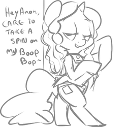 Size: 500x500 | Tagged: safe, artist:mt, oc, oc only, oc:marker pony, pony, unicorn, 4chan, bedroom eyes, bipedal, boop, dialogue, female, human shoulders, looking at you, mare, mlpg, monochrome, solo