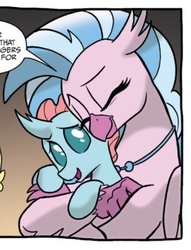 Size: 320x419 | Tagged: safe, artist:tonyfleecs, idw, ocellus, silverstream, smolder, changedling, changeling, classical hippogriff, hippogriff, g4, spoiler:comic, spoiler:comicfeatsoffriendship03, cropped, cute, diaocelles, diastreamies, duo focus, eyes closed, hug, offscreen character, smiling