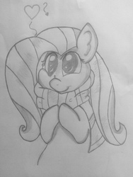 Size: 2448x3264 | Tagged: safe, artist:dashybestpony, fluttershy, pegasus, pony, g4, clothes, cute, female, heart, high res, love, mare, monochrome, question, scarf, simple background, smiling, solo, standing, traditional art
