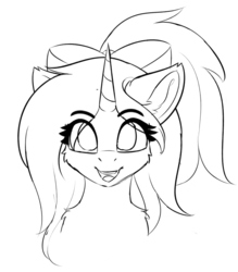 Size: 809x923 | Tagged: safe, artist:lunar froxy, oc, oc only, oc:avici flower, pony, unicorn, bow, eye clipping through hair, sketch, smiling, solo