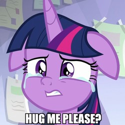 Size: 601x600 | Tagged: safe, edit, edited screencap, screencap, twilight sparkle, alicorn, pony, the ending of the end, bronybait, caption, cropped, crying, cute, daaaaaaaaaaaw, female, floppy ears, hug, hug request, image macro, mare, sad, sadorable, scared, solo, tears of fear, teary eyes, text, twiabetes, twilight sparkle (alicorn)