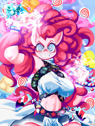 Size: 2024x2698 | Tagged: safe, artist:velcius, pinkie pie, anthro, g4, the ending of the end, anime, anime style, armpits, bell, belly button, breasts, busty pinkie pie, candy, chaos, chaos pinkie, female, food, grin, grogar's bell, high res, lollipop, smiling, solo, swirly eyes, xk-class end-of-the-universe scenario, xk-class end-of-the-world scenario