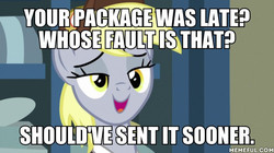 Size: 600x337 | Tagged: safe, edit, edited screencap, screencap, derpy hooves, pegasus, pony, best gift ever, g4, caption, female, image macro, mailmare, mare, memeful.com, solo, text