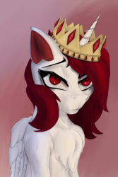 Size: 2000x3000 | Tagged: safe, artist:littlepony115, oc, oc only, oc:atomic discharge, alicorn, pony, abstract background, alicorn oc, bored, bust, chest fluff, commission, crown, ear fluff, female, gemstones, high res, horn, jewelry, mare, red eyes, red mane, regalia, shoulder fluff, solo, white coat, wings