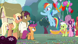 Size: 1280x720 | Tagged: safe, screencap, big macintosh, cup cake, granny smith, mane allgood, pound cake, rainbow dash, scootaloo, snap shutter, sugar belle, earth pony, pegasus, pony, unicorn, g4, the last crusade, female, filly, flying, foal, male, mare, stallion