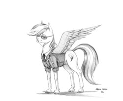 Size: 1200x978 | Tagged: safe, artist:baron engel, rainbow dash, pegasus, pony, g4, aviator sunglasses, backwards cutie mark, clothes, colored hooves, female, glasses, grayscale, looking at you, mare, monochrome, pencil drawing, simple background, sketch, smiling, solo, sunglasses, traditional art, uniform, white background, wonderbolts dress uniform