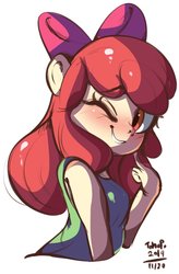 Size: 948x1442 | Tagged: safe, artist:tohupo, apple bloom, equestria girls, g4, adorabloom, blushing, cute, female, looking at you, one eye closed, simple background, solo, white background