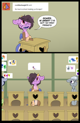 Size: 1243x1920 | Tagged: safe, artist:conmanwolf, silver spoon, oc, oc:scraps, draconequus, earth pony, pony, comic:scraps of chaos, g4, comic, drawing, paper, school, school desk