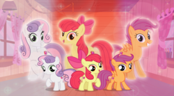 Size: 3495x1929 | Tagged: safe, artist:andoanimalia, artist:vector-brony, apple bloom, scootaloo, sweetie belle, earth pony, pegasus, pony, unicorn, g4, clubhouse, cmc day, cutie mark crusaders, filly, older, older apple bloom, older cmc, older scootaloo, older sweetie belle, self paradox