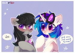 Size: 1818x1290 | Tagged: dead source, safe, artist:alkit_is_not_me, artist:mirtash, dj pon-3, octavia melody, vinyl scratch, earth pony, pony, unicorn, g4, blatant lies, blushing, chest fluff, collaboration, cute, dialogue, duo, ear fluff, female, implied kissing, lesbian, mare, nervous, ship:scratchtavia, shipping, speech bubble, sweat, tavibetes, vinylbetes