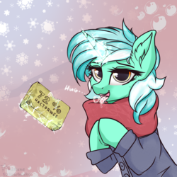 Size: 2000x2000 | Tagged: safe, artist:lakunae, lyra heartstrings, pony, unicorn, g4, clothes, cyrillic, female, high res, magic, mare, meme, russian, scarf, simple background, soap, solo, telekinesis, tongue out, winter