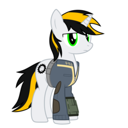 Size: 1200x1200 | Tagged: safe, artist:gearcircuit_446, oc, oc only, oc:446, pony, unicorn, 2020 community collab, derpibooru community collaboration, fallout equestria, clothes, fallout, female, jumpsuit, pipbuck, simple background, solo, transparent background, vault suit