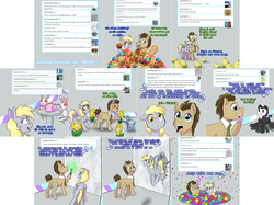 Size: 3006x2254 | Tagged: safe, artist:jitterbugjive, derpy hooves, doctor whooves, time turner, dog, pony, robot, lovestruck derpy, g4, ball pit, doctor who, food, high res, muffin, pear, sonic screwdriver, that pony sure does hate pears, the doctor
