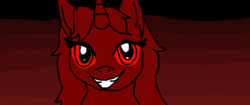 Size: 683x286 | Tagged: safe, oc, oc only, pony, unicorn, evil, evil grin, female, grin, red, red background, red eyes, simple background, smiling, solo