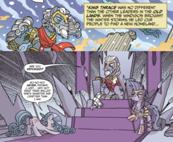 Size: 1347x1109 | Tagged: safe, artist:tonyfleecs, edit, idw, king diomedes, king thrace, swift foot, terri belle, earth pony, pony, thracian, windigo, g4, spoiler:comic, spoiler:comicfeatsoffriendship02, spoiler:comicfeatsoffriendship03, armor, comic, father and daughter, female, implied immortality, male, royal guard armor, siblings, sisters, spear, thrace, throne, weapon
