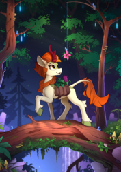Size: 1800x2540 | Tagged: safe, artist:yakovlev-vad, autumn blaze, butterfly, ghost, kirin, awwtumn blaze, cute, eyes on the prize, female, fishing rod, flower, forest, herbs, hoof fluff, leg fluff, leonine tail, log, looking at something, looking up, mushroom, nature, open mouth, quadrupedal, raised hoof, saddle bag, scenery, scenery porn, slim, smiling, solo, spirit, talisman, tree, tree branch