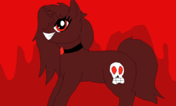 Size: 890x537 | Tagged: safe, oc, oc only, pony, unicorn, 1000 hours in ms paint, evil, evil grin, female, grin, red, red background, simple background, smiling, solo