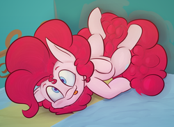 Size: 3300x2400 | Tagged: safe, artist:packy paca, pinkie pie, earth pony, pony, g4, bed, female, high res, looking at you, lying down, on bed, simple background, solo, tongue out