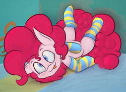 Size: 3300x2400 | Tagged: safe, artist:packy paca, pinkie pie, earth pony, pony, g4, :p, clothes, cute, diapinkes, female, high res, looking at you, lying down, socks, solo, striped socks, tongue out