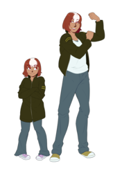Size: 2734x4191 | Tagged: safe, artist:mylittlesheepy, oc, oc only, oc:roulette, human, fallout equestria, age difference, child, clothes, female, flexing, grin, humanized, jacket, looking up, older, smiling, younger