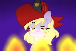 Size: 1089x734 | Tagged: safe, artist:missxxfofa123, dinky hooves, pony, unicorn, g4, female, filly, fire, firefighter, firefighter dinky hooves, firefighter helmet, hat, helmet, raised eyebrow, solo