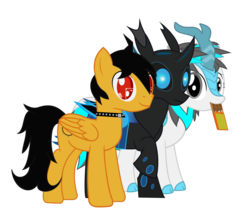 Size: 2076x1726 | Tagged: safe, artist:wheatley r.h., oc, oc only, oc:blizzard flare, oc:rito, oc:w. rhinestone eyes, changeling, kirin, pegasus, pony, 2020 community collab, derpibooru community collaboration, automata, bat wings, blue changeling, changeling oc, chocolate bar, choker, female, folded wings, gray eyes, horn, kirin oc, male, mare, messy tail, pegasus oc, pegasus wings, raised hoof, red eyes, simple background, spiked choker, stallion, transparent background, two toned mane, vector, wings
