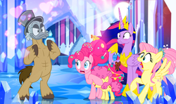 Size: 1300x768 | Tagged: safe, artist:pixelkitties, fluttershy, li'l cheese, pinkie pie, twilight sparkle, alicorn, earth pony, pegasus, pony, g4, the last problem, big crown thingy 2.0, blushing, ducktales 2017, manny the headless man-horse, older, older fluttershy, older pinkie pie, older twilight, older twilight sparkle (alicorn), princess twilight 2.0, scrooge mcduck, twilight sparkle (alicorn), wat