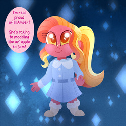 Size: 1000x1000 | Tagged: safe, artist:carouselunique, artist:honeycrisp-tales, oc, oc only, oc:ambrosia, oc:honeycrisp blossom, honeycrisp tales, equestria girls, g4, abstract background, boots, clothes, dress, freckles, jacket, offscreen character, offspring, parent:big macintosh, parent:princess cadance, parents:cadmac, shoes, solo