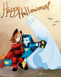 Size: 1280x1621 | Tagged: safe, artist:askmylastunicorn, oc, oc:comet, oc:dolly dusk, bat, ghost, equestria girls, g4, adorabat, bedsheet ghost, candy pail, clothes, costume, ghost costume, halloween, halloween costume, mao mao: heroes of pure heart, offspring, parent:chancellor neighsay, parent:sonata dusk, trick or treat