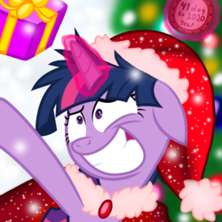 Size: 1000x1000 | Tagged: safe, artist:cloudy glow, artist:php185, twilight sparkle, alicorn, pony, g4, christmas, christmas tree, female, floppy ears, happy, hat, holiday, messy mane, new year, present, santa hat, snow, solo, tree, twilight snapple, twilight sparkle (alicorn)